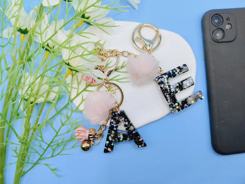 Black Alphabet Initial Letter Keychain Star Pink Tassel Charm with Fur Ball Pom Pendant Keyring for Purse Keys...
