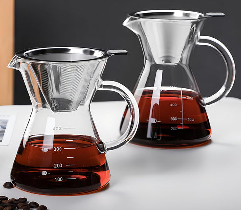 Pour Over Coffee Maker with Reusable Stainless Steel Drip Filter, Glass Drip Coffee Maker Set, Lead-Free Borosilicate Glass Coffee Carafe for 1-4C...