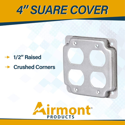 AP-12098, 4" Square Double Duplex Receptacle Electrical Box Cover, 1/2" Raised, Exposed Work, Galvanized Steel, Crushed Corners, 2-Gang...