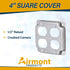 AP-12098, 4" Square Double Duplex Receptacle Electrical Box Cover, 1/2" Raised, Exposed Work, Galvanized Steel, Crushed Corners, 2-Gang...
