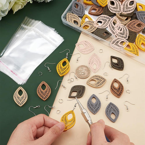 PandaHall 228Pcs Wooden Earrings Pendants, Leaf Dangle Charm Earring Making DIY Kit Embellishments Hanging Ornaments Earrings Pendants Charms with...