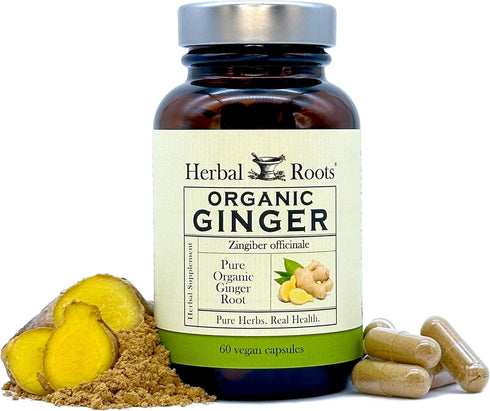 Herbal Roots Ginger Supplement | Organic Ginger Root Capsules | 1,200 mg of Pure Ginger Powder per Serving | 60 Vegan Capsules...