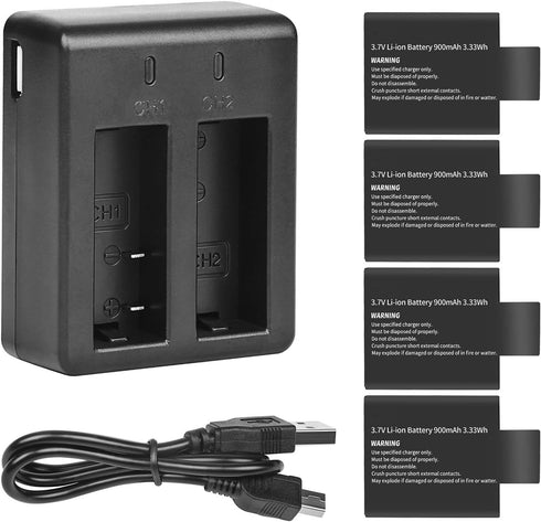 D&F Dual Battery Charger with 4 Pack Replacement Battery 3.7V 900mAh Li-ion Compatible with SJCAM SJ4000 SJ5000 SJ6000 M10 Action Camera...