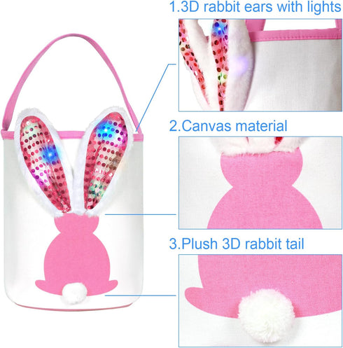 Easter Bunny Baskets with Lights for Baby Girls,Large Pink Kids Easter Bucket Tote with Light up Rabbit Ears for Spring Egg Hunts Party Storage...