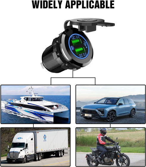 Nilight - 90103A Dual USB Port QC 3.0 Fast Charging Hubs USB Charger Socket Power Outlet 2.1A & 2.1A x2 for Car Boat Marine RV Mobile with Wire Fu...