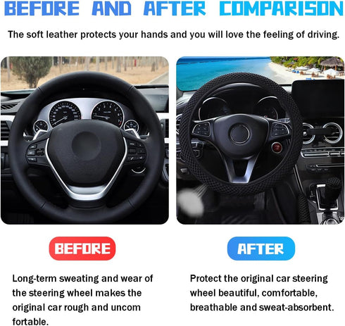 3PCS 15Inch Car Steering Wheel Cover Armrest Cover Gear Shift Cover Set, Microfiber Breathable Anti-Slip Automotive Steering Wheel Protector, Vehi...