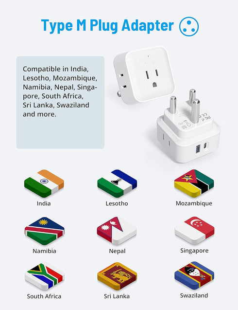 TROND South Africa Power Adapter 2 Pack - US to South Africa Travel Plug Adapter with 4 Outlets 2 USB (1 USB C), Type M Power Converter Adaptor fo...