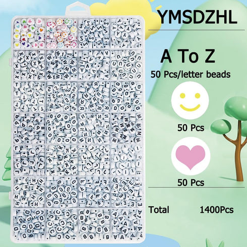 Alphabet Beads A-Z 1400Pcs Letter Beads, Acrylic 4x7mm Round Letter Beads Kits,Black Digit and Colorful Smile Beads for Bracelets Necklaces DIY Je...