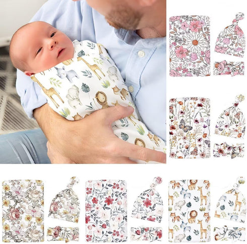 Newborn Swaddle Set with Matching Headband Hat and Bow Set Floral Baby Girl Newborn Receiving Blankets Baby Swaddle Nursery Wildflower Baby Blanke...