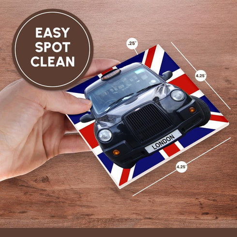 3dRose CST_113050_3 London Black Taxi Cab on British Flag Union Jack Background UK Great Britain United Kingdom Travel Ceramic Tile Coasters, (Set...