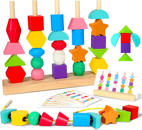Montessori Toys for 2 3 4 Year Old Wooden Shape Matching Game & Lacing Beads Preschool Learning Activities Fine Motor Skills Toys Sorting Stacking...