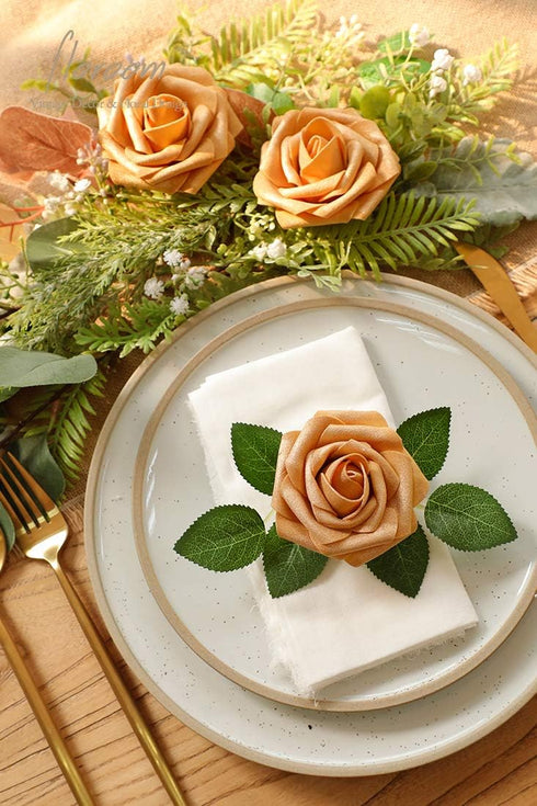 Floroom Artificial Flowers 25pcs Real Looking Gold Foam Fake Roses with Stems for DIY Wedding Bouquets Bridal Shower Centerpieces Party Decoration...