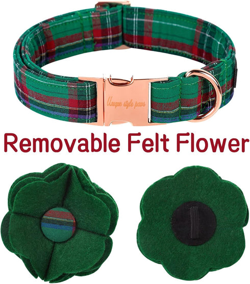 Unique style paws Dog Collar with Removable Felt Flower Tie Winter Christmas Green Plaid Pet Collar for Small Medium Large Girl Boy Dogs-M...