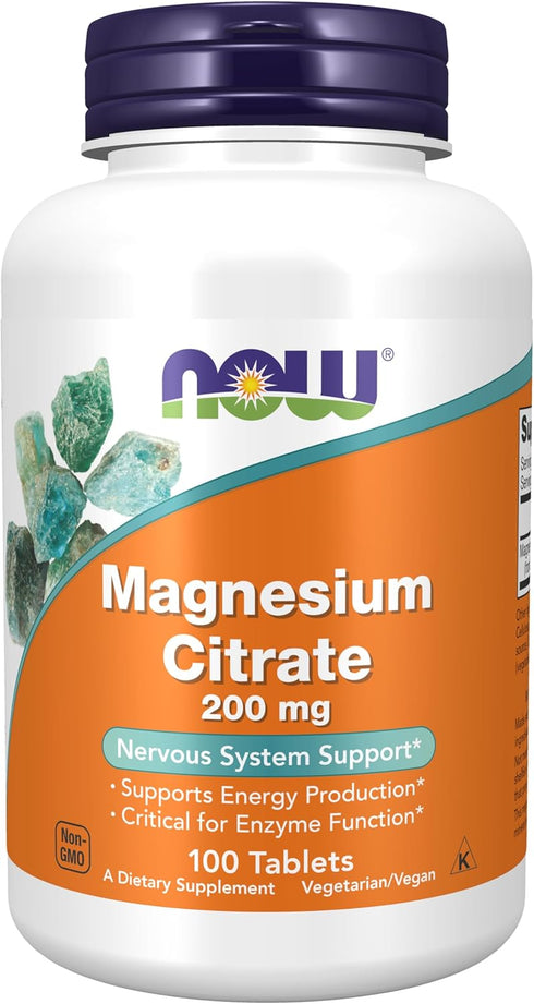 NOW Supplements, Magnesium Citrate 200 mg, Enzyme Function*, Nervous System Support*, 100 Tablets...