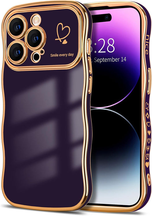 Hython for iPhone 14 Pro Case Cute Curly Wave Frame Shape Phone Cases, Thin Slim Luxury Plating Wavy Edge Soft TPU Bumper Shockproof Rubber Protec...