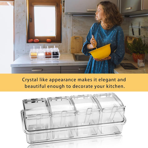 4-Cell Clear Seasoning Rack Spice Box, Storage Container Condiment Jars Acrylic Seasoning Box with Cover and Spoon (Basic Clear)...