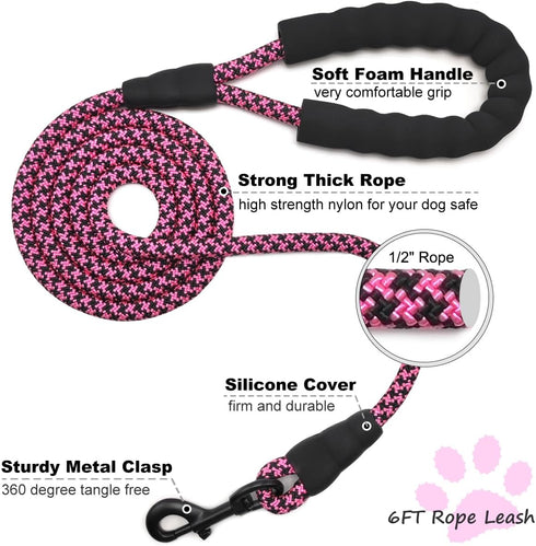 6FT Heavy Duty Dog Leash, Comfortable Soft handle, 1/2" Diameter Nylon Rope Leash for Medium and Large Dogs Walking Training, Pink...