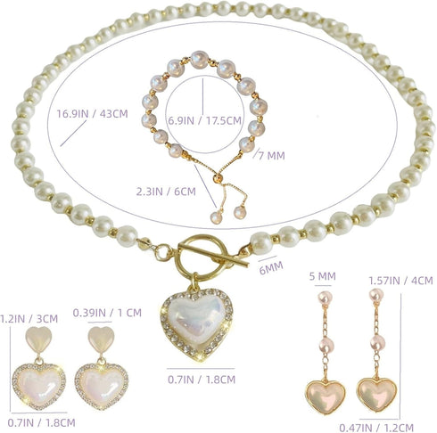 Pearl Heart Necklace and Earring set - 4PCS Pearl Jewelry Set for Women Gold Plated Pearl Choker Necklace Pearl Bracelet Pearl Earrings Set Trendy...