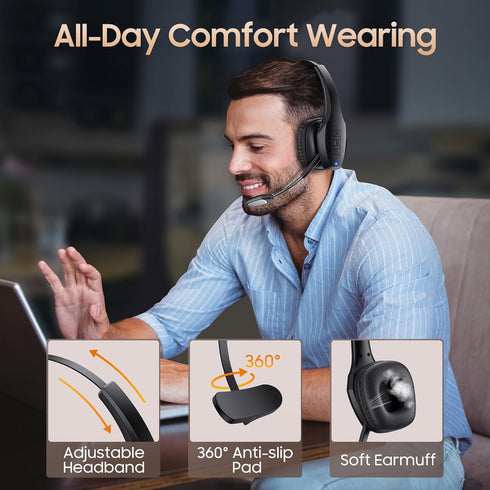 Trucker Bluetooth Headset, Wireless Headset with Mic, Bluetooth Headset with Dual Noise Cancelling Microphone & Mute Button, 55Hrs Working Time PC...