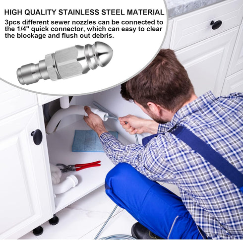 Sewer Jetter Nozzles, Drain Cleaning Nozzles Tips for Pressure Washer, 3 Pieces Stainless Steel Jets for Drain Jetting Hose, Button Nose Rotating ...
