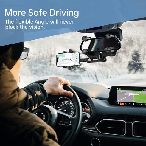 Rearview Mirror Phone Holder for Car,360°Rotatable and Retractable Multifunctional Rear View Mirror Phone Holder,Four Corners Fixed Anti-Shake Des...