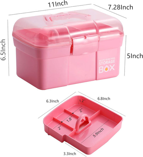 Kinsorcai 11'' Plastic Storage Box with Removable Tray, Multipurpose Organizer and Storage Case for Art Craft and Cosmetic (Pink)...