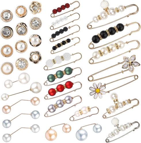 35PCS Pearl Brooch Pins, Safety Pins for Women No Sewing Pant Waist Tightener Cover Up Buttons Sweater Shawl Hat Clip Neckline Pins Double Faux Pe...