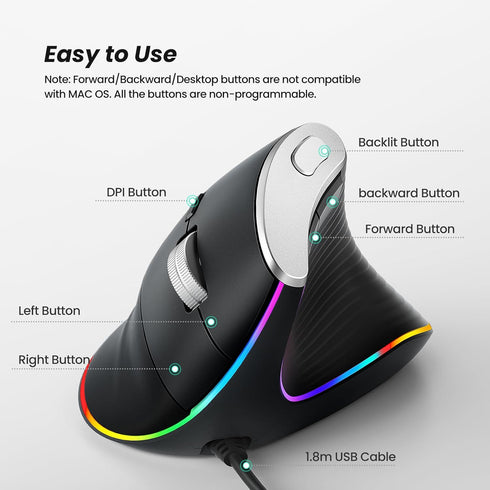 Nulea M504 Wired Vertical Mouse, USB Optical Ergonomic Mouse Wired with 4 Adjustable DPI, 11 RGB Backlight Modes, Compatible for Laptop, PC, Deskt...