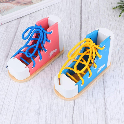 STOBOK 2pcs Wood Lacing Sneaker Learn to Tie Shoes Tie-Up Shoe Threading Toy Montessori Educational Toys (Blue + Pink)...