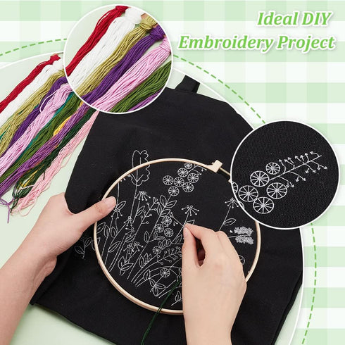WADORN DIY Canvas Tote Bag Embroidery Kit, Black Personalized Canvas Bag Kit Flower Cross Stitch Kit with Pattern DIY Crafts Embroidery Starter Ki...