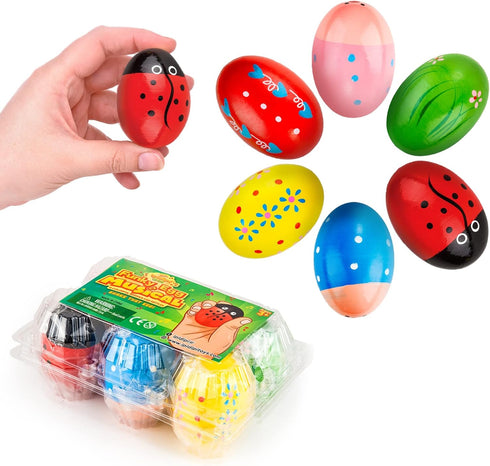 Egg Shakers Maracas for Kids - 6 Pack - Natural, Wooden Musical Toy Percussion Instruments for Kids - Montessori Sound Making Shakers...