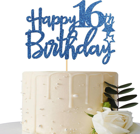 Royal Blue Glitter Happy 16th Birthday Cake Topper - 16 Sign Cake Topper - Cheers to 16 Years Party Supplies - 16th Birthday Party Decorations...