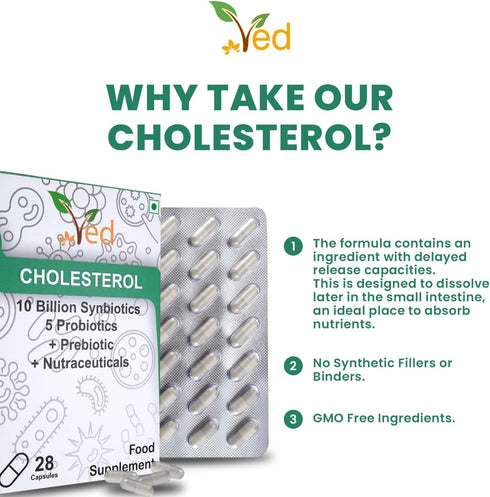 Ved Cholesterol Complex Probiotics and Prebiotics Complex - 10 Billion CFU - 20 Live Bacterial Cultures - 28 Probiotic Complex Capsules for Childr...