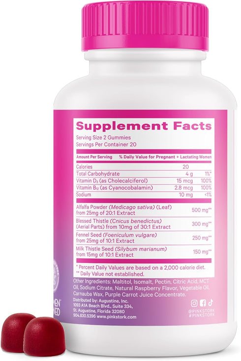 Pink Stork Lactation Supplement Gummies - Support Breast Milk Supply with Milk Thistle, Alfalfa, Vitamin D, and B12, Postpartum Recovery, Breastfe...