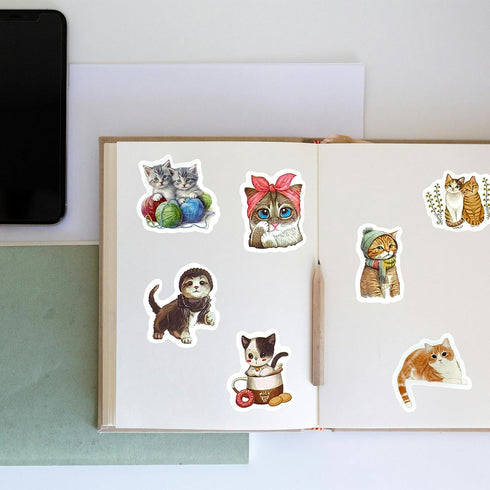Cute Cat Stickers Bulk 100Pcs - Waterproof Vinyl for Water Bottles, Laptop, Phone Case, Guitar, Luggage - Kawaii, Watercolor Design for Kids, Girl...