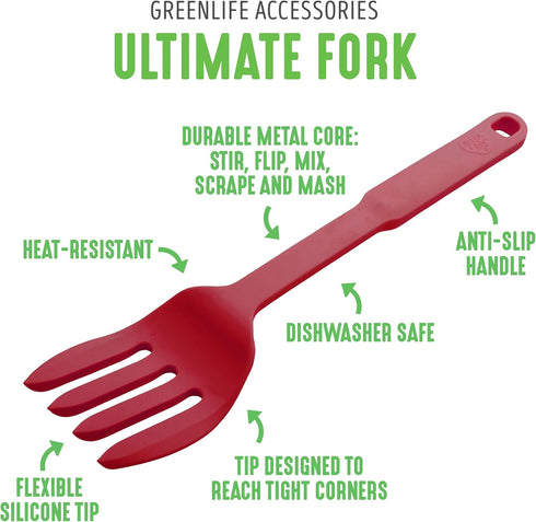 GreenLife Cooking Tools and Utensils, 10-in-1 Silicone Fork to Stir Mix Mash and Scrape, Heat and Stain Resistant, Dishwasher Safe, Red...