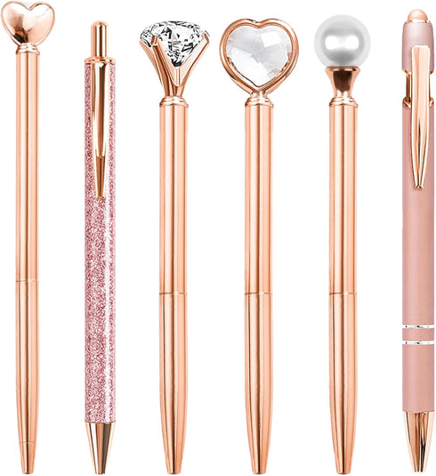 Cute Pens for Women, 6 Pcs Rose Gold Pens Metal Ballpoint Pens Bulk, 1.0mm Medium Point Black Ink Pens, Office and School Supplies Cool Fun Pens G...