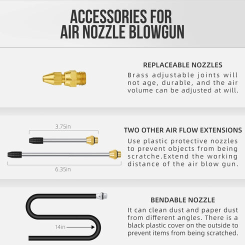 Industrial Air Blow Gun, with Brass Adjustable Air Nozzle and 3 Air Flow Extension, and 6 Sealing Rings, Pneumatic Tools Air Compressor Accessorie...