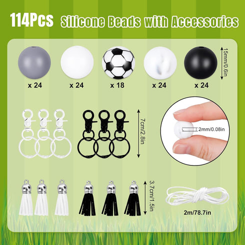 JarThenaAMCS Soccer Silicone Beads for Keychain Making Kit with 114Pcs 15mm Black White Gray DIY Silicone Beads Tassels Key Rings for Home Office ...