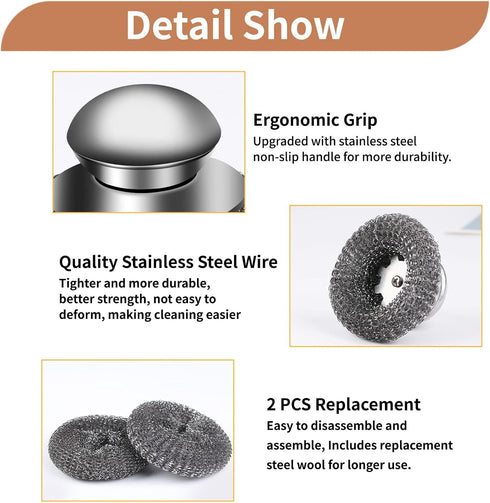 4pcs Steel Wool Scrubber with Replacement Wire Pads Set, Stainless Steel Scrubber with Handle for Scouring Stubborn Messes from Cast Iron, Pots, P...