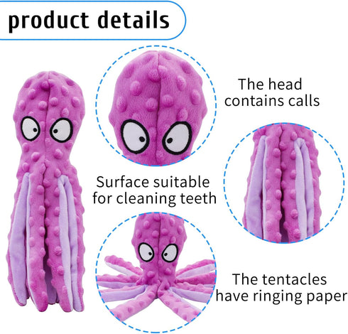 Squeak Dog Toy, 12.5In Plush Octopus Dog Toy with Crinkle Paper and Squeaky Inside, No Stuffing Dog Toys for Indoor Dog (purple)...
