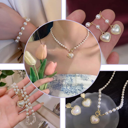 Pearl Heart Necklace and Earring set - 4PCS Pearl Jewelry Set for Women Gold Plated Pearl Choker Necklace Pearl Bracelet Pearl Earrings Set Trendy...