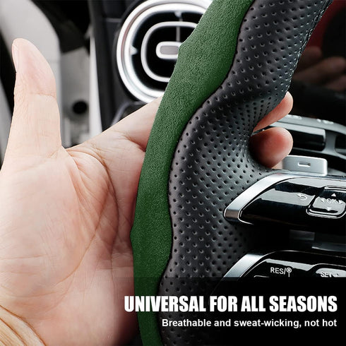 Car Steering Wheel Cover, Microfiber Suede Leather and Carbon Fiber Double Sided Design, Warm in Winter and Cool in Summer, Breathable Non Slip Se...