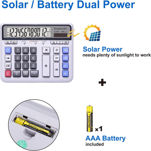 Comix Desktop Calculator Solar Battery Dual Power with 12-Digit Large LCD Display and Large Computer Keys Standard Function Calculator for Home Of...
