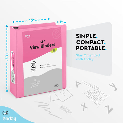 3 Ring Binder 1.5 Inch Pink, 1 ½ inch Binder Clear View Cover with 2 Inside Pockets, Colored School Supplies Office and Home – by Enday...