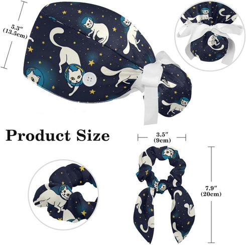 Space Cats Cute Scrub Caps Surgical Women with Button Adjustable Hats Surgical Caps with Scrunchie for Women...