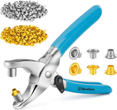 DURATECH Grommet Eyelet Pliers kit, Eyelet Pliers with 500 Gold and Silver Metal Eyelet Grommets, Handheld Grommet Tool Kit for Leather/Belt/Shoes...