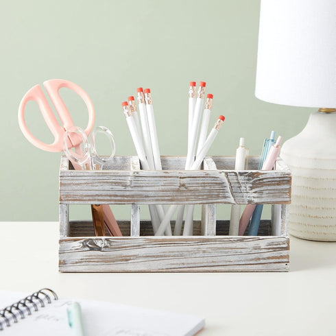 Juvale Rustic-Style Desk Pencil Holder with 3 Compartments - Farmhouse Decor and Wooden Organizer for Pen and Office Accessories...