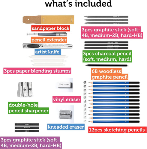 Incraftables Drawing Pencils for Sketching & Shading. Art Sketch Pencils Set for Adults & kids. Drawing Supplies Sketch Kit with 21 Graphite & Cha...
