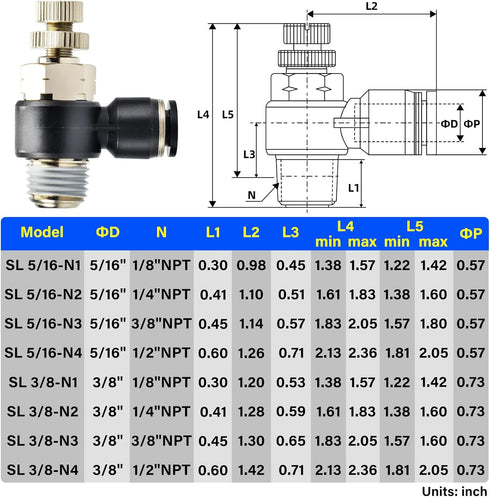 TAILONZ PNEUMATIC 3 Pack SL-3/8-N2 Push to Connect Air Line Fitting Air Flow Control Valve 3/8 Inch od 1/4 Inch Npt Elbow 90 Degree Air Speed Cont...